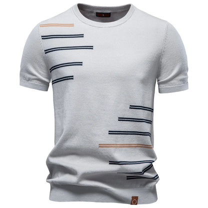 Herren T-Shirt Rundhals, hellgrau-weiß, Streifenmuster vorn in Blau/Orange/Grün