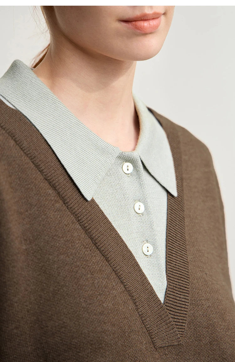 Brauner Damenpullover mit V-Ausschnitt und hellem Hemdkragen, Knopfleiste