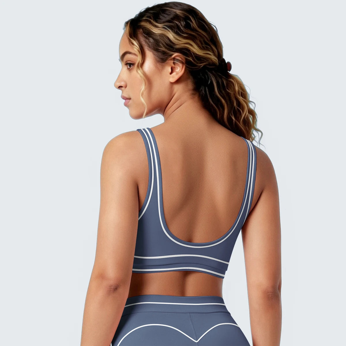 Damen-Yoga-Top mit Racerback, rundem Rückenausschnitt, navy mit hellen Kontrastkanten