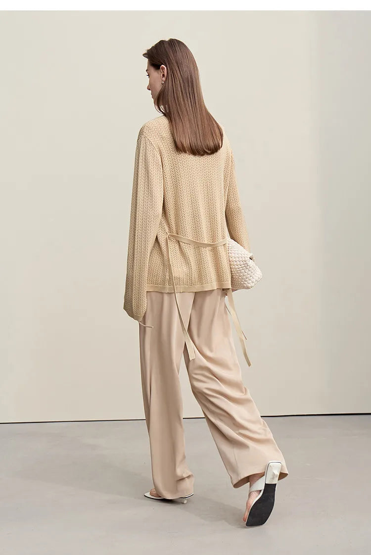 Damen-Strickjacke Lyocell V-Ausschnitt Glockenärmel Gürtel locker Frühling