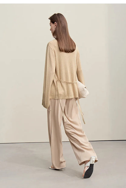 Damen-Strickjacke Lyocell V-Ausschnitt Glockenärmel Gürtel locker Frühling