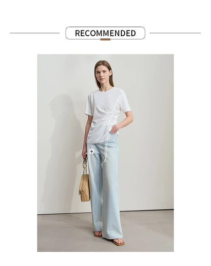 Damen Sommer T-Shirt mit Rundhals und Kordelzug in lässiger Form