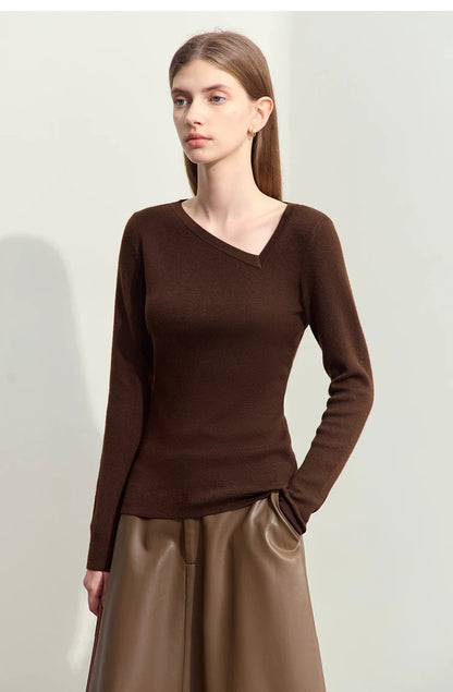 Damen-Pullover mit langem Ärmel, schmalem Schnitt und diagonaler V-Ausschnitt-Form