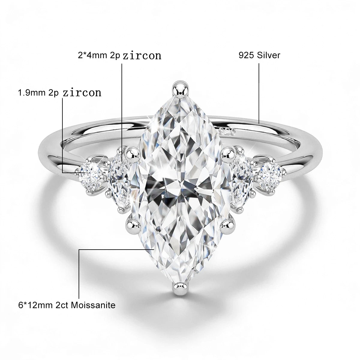 Damen-Verlobungsring aus Silber 925 mit fünf Moissanite im Marquise-Schliff, 18k Goldplattiert