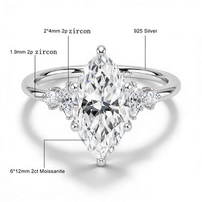 Damen-Verlobungsring aus Silber 925 mit fünf Moissanite im Marquise-Schliff, 18k Goldplattiert