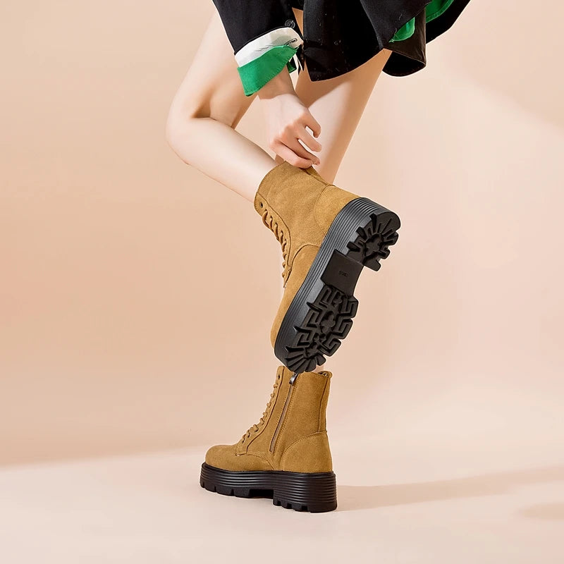 Damen-Ankle-Boots aus Leder, senfgelb, Schnürung, hohe Profilsohle
