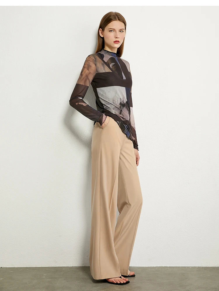 Damen Langarm-T-Shirt im Minimalismus-Stil mit trendigem Netzdruck