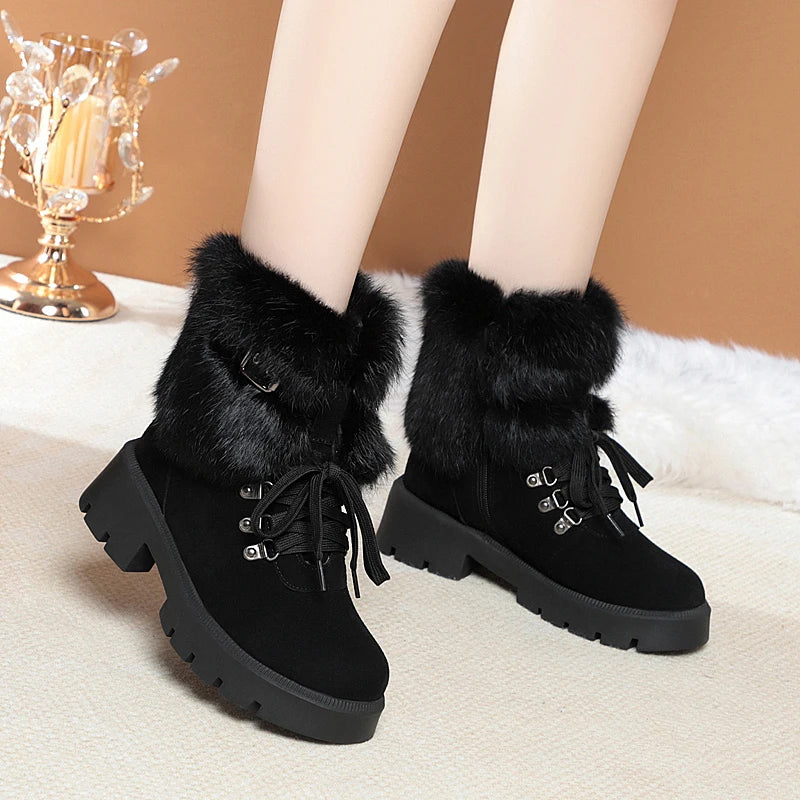 AIYUQI Women Snow Boots Platform New Rabbit Female Winter Boots Fashion Large Size Non-slip Genuine Leather Women Ankle Boots