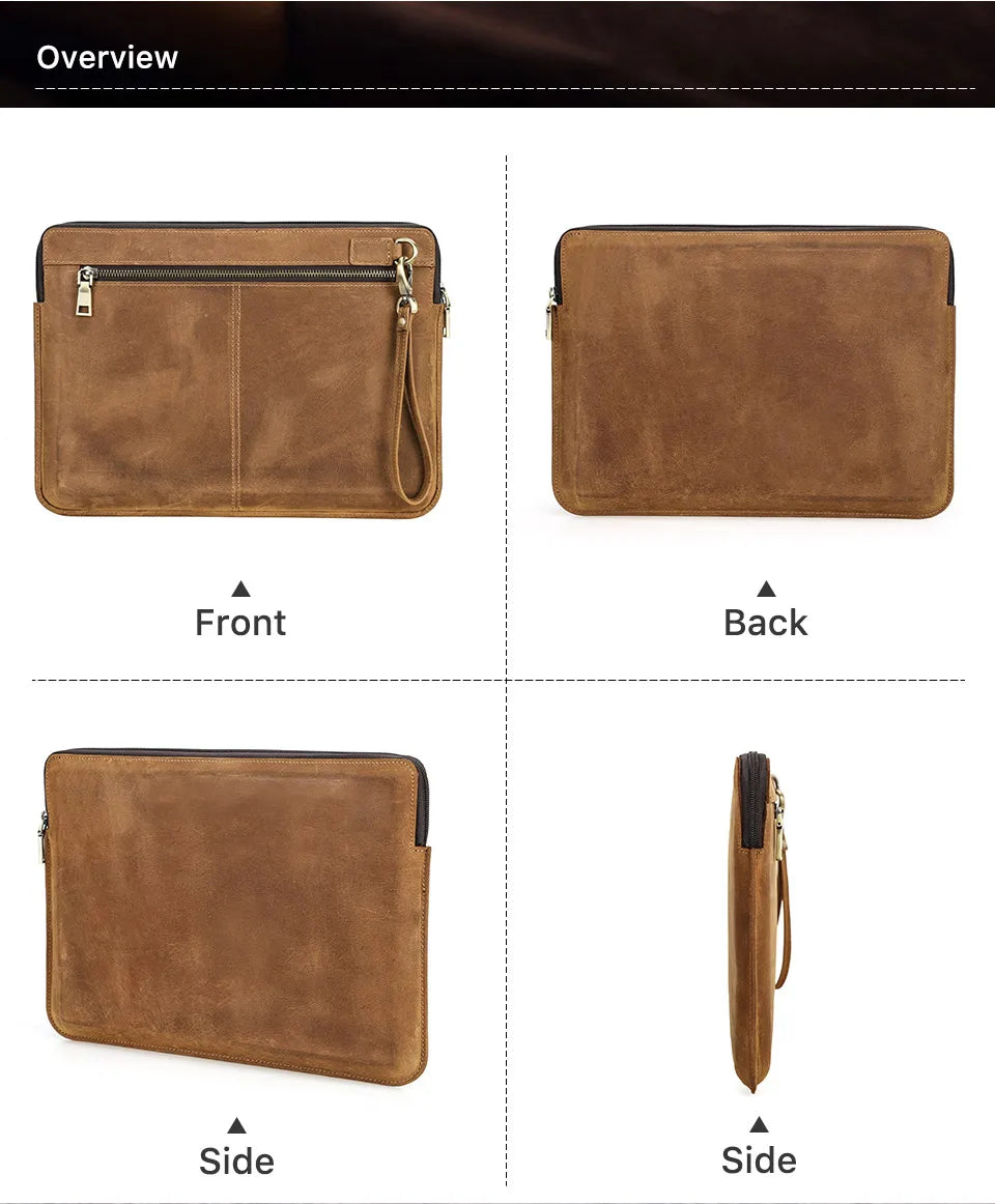Braune Echtleder-Laptop-Tasche mit Reißverschluss und verstärkter Frontnaht, Ansicht Front/Back