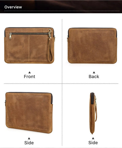 Braune Echtleder-Laptop-Tasche mit Reißverschluss und verstärkter Frontnaht, Ansicht Front/Back