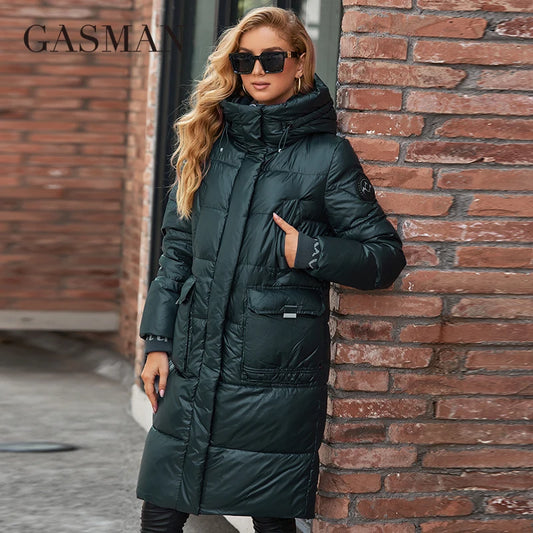 Langer Damen-Winterdaunenmantel mit Kapuze und Retro-Design – warmes, elegantes Parka-Modell aus Baumwolle