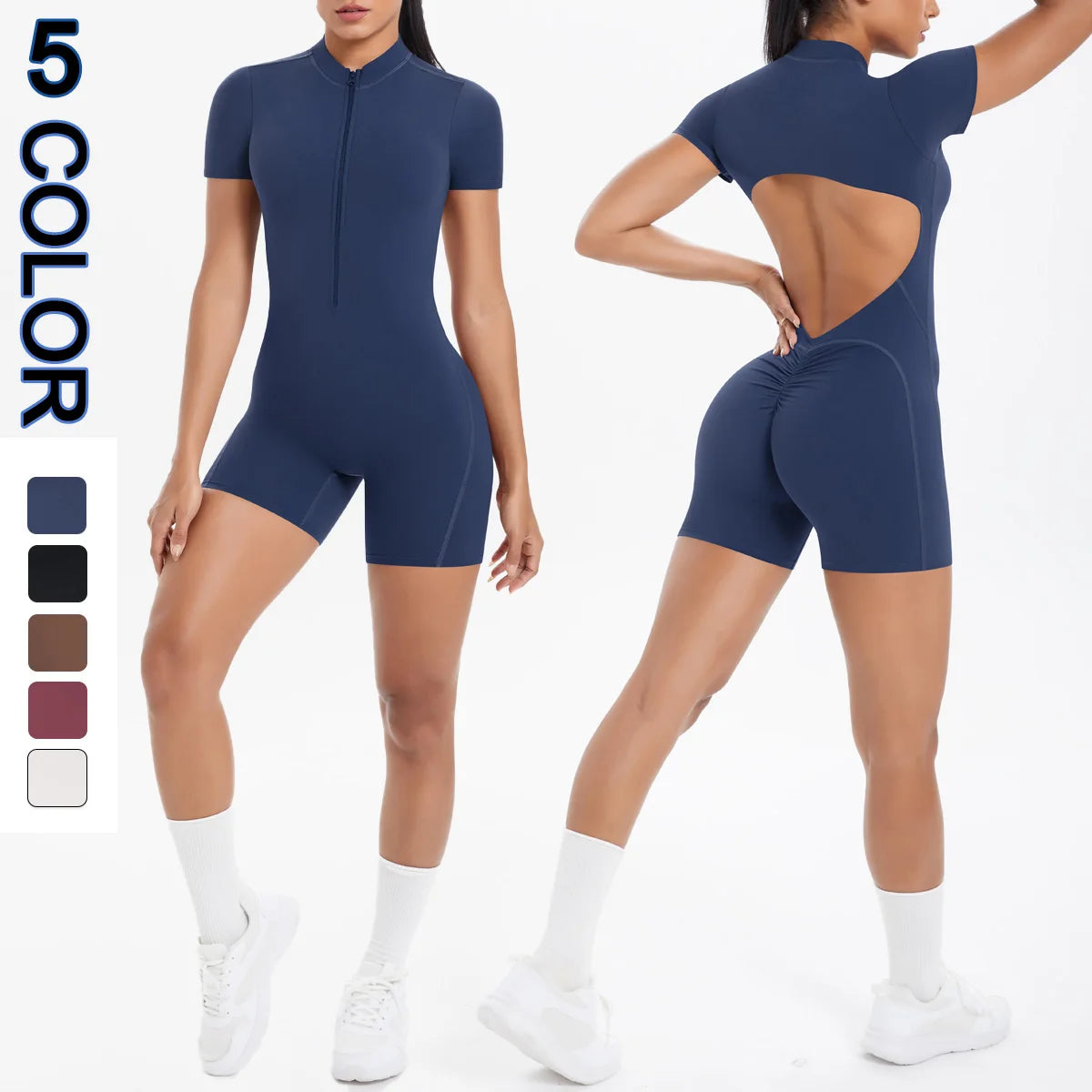 Damen-Overall in Marineblau mit kurzem Bein und Frontreißverschluss