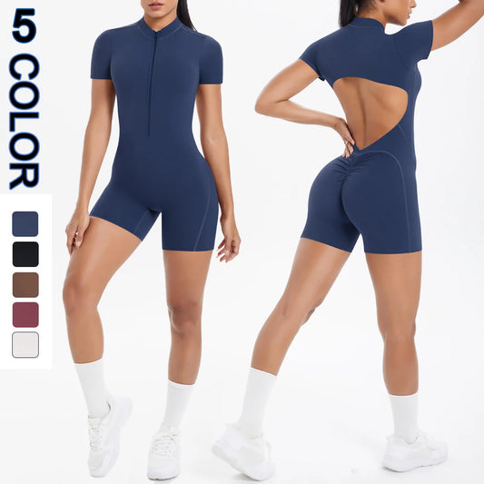 Damen-Overall in Marineblau mit kurzem Bein und Frontreißverschluss