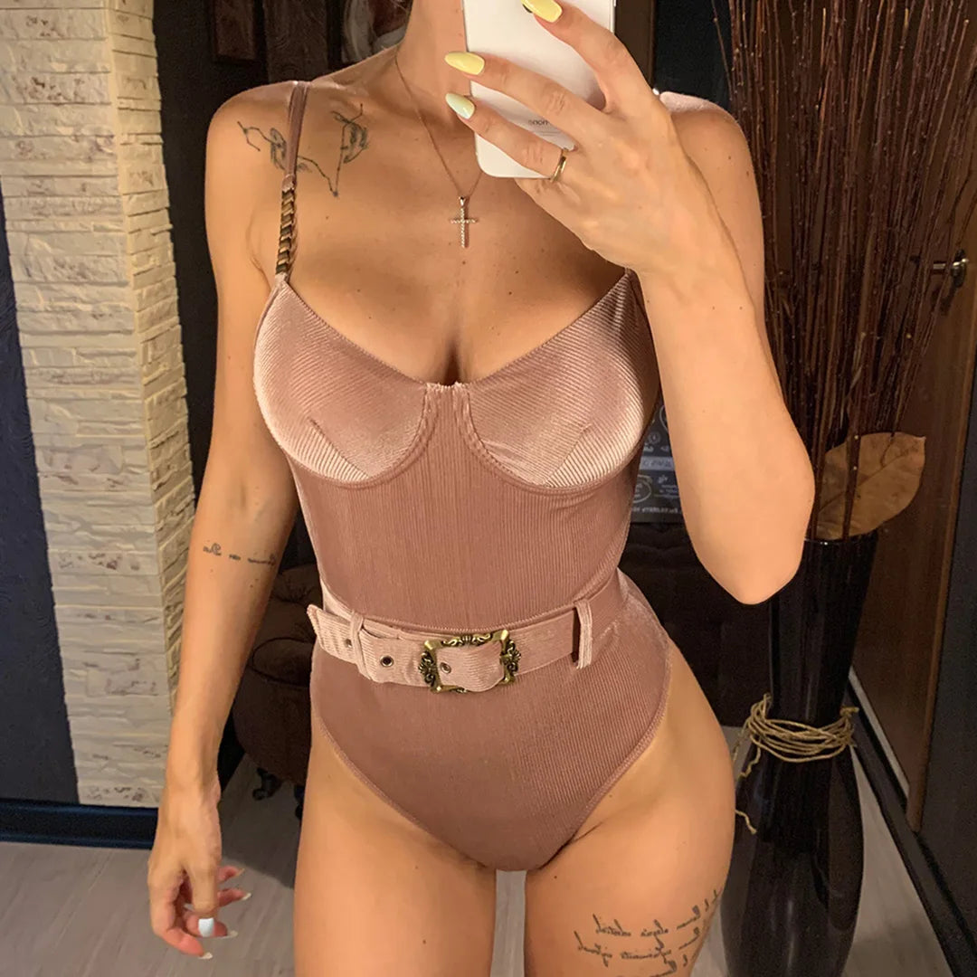 Damen-Badeanzug Rippe Gürtel High-Cut Bodysuit einteilig