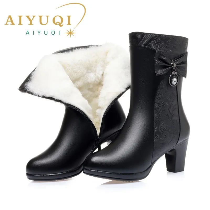 AIYUQI Winter Boots Women Wool Keep Warm 2025 New Genuine Leather Shoes Woman Boots Fashion Bow Female Fashion Boots Thick Heel