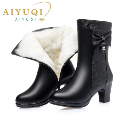 AIYUQI Winter Boots Women Wool Keep Warm 2025 New Genuine Leather Shoes Woman Boots Fashion Bow Female Fashion Boots Thick Heel