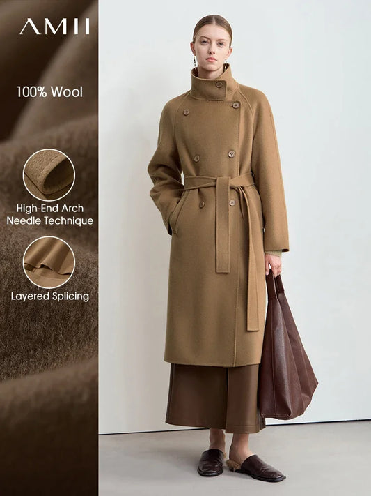 Damen Tweed Mantel im Winter-Look mit Stehkragen und Gürtel