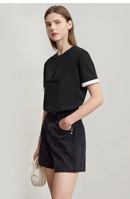 Damen Freizeit-T-Shirt mit Rundhalsausschnitt und Farbblockierung für den Sommer