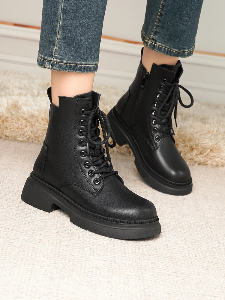 Damen Stiefeletten aus echtem Leder im Retro-Stil mit quadratischem Absatz