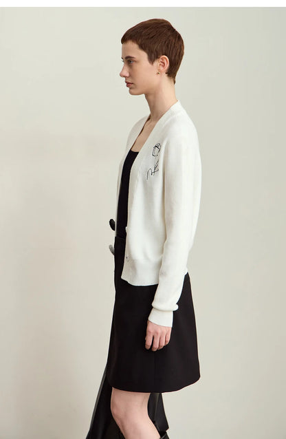 Damen-Strickjacke V-Ausschnitt Stickerei locker Langarm Herbst