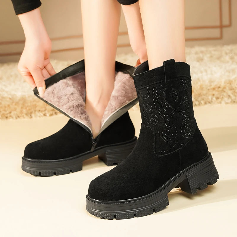 AIYUQI Western Cowboy Boots Women 2025 New Genuine Leather Winter Shoes Boots Women Short Tube Fashion Women's Snow Boots