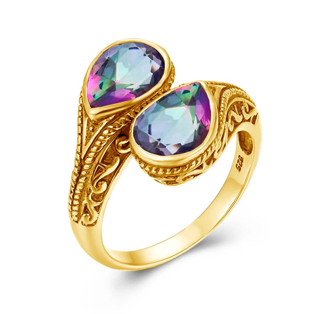 Damen-Ring tropfenförmiger Smaragd in Silber mit goldfarbener Beschichtung Ideal Als Hochzeits- oder Festgeschenk