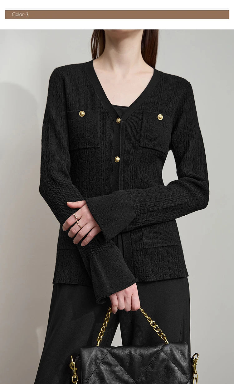 Damen-Strickjacke V-Ausschnitt einfarbig gerade Langarm vielseitig Herbst