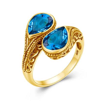 Damen-Ring tropfenförmiger Smaragd in Silber mit goldfarbener Beschichtung Ideal Als Hochzeits- oder Festgeschenk