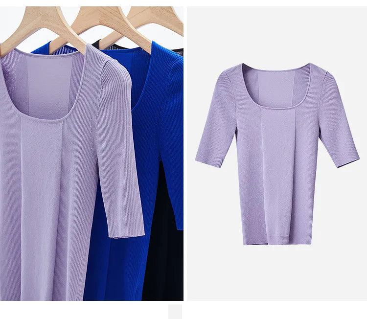 Damen-Strickpullover, Halbarm, gerippter Look: mehrere Farben (Flieder, Blau, Schwarz)