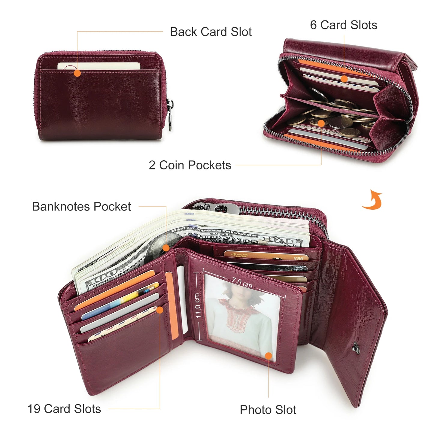 Damen Echtleder Geldbörse Vintage Mode Handtasche Münzfach Geldclip Business