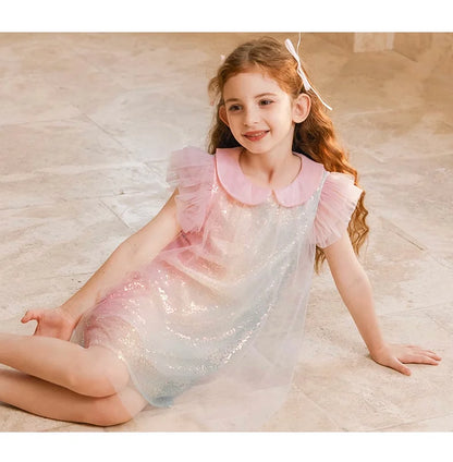Sommerliches Mädchenkleid aus 100% Baumwolle im französischen Stil mit kurzen Ärmeln – lockere Passform für Kinder von 110cm bis 170cm
