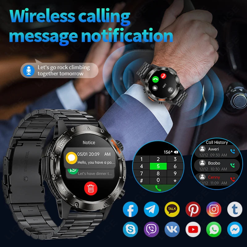 LIGE Neue 1,46 "Outdoor LED Taschenlampe Smart Uhr Männer Bluetooth Anruf Sport Fitness Herz Rate Smartwatch Für Android IOS telefon