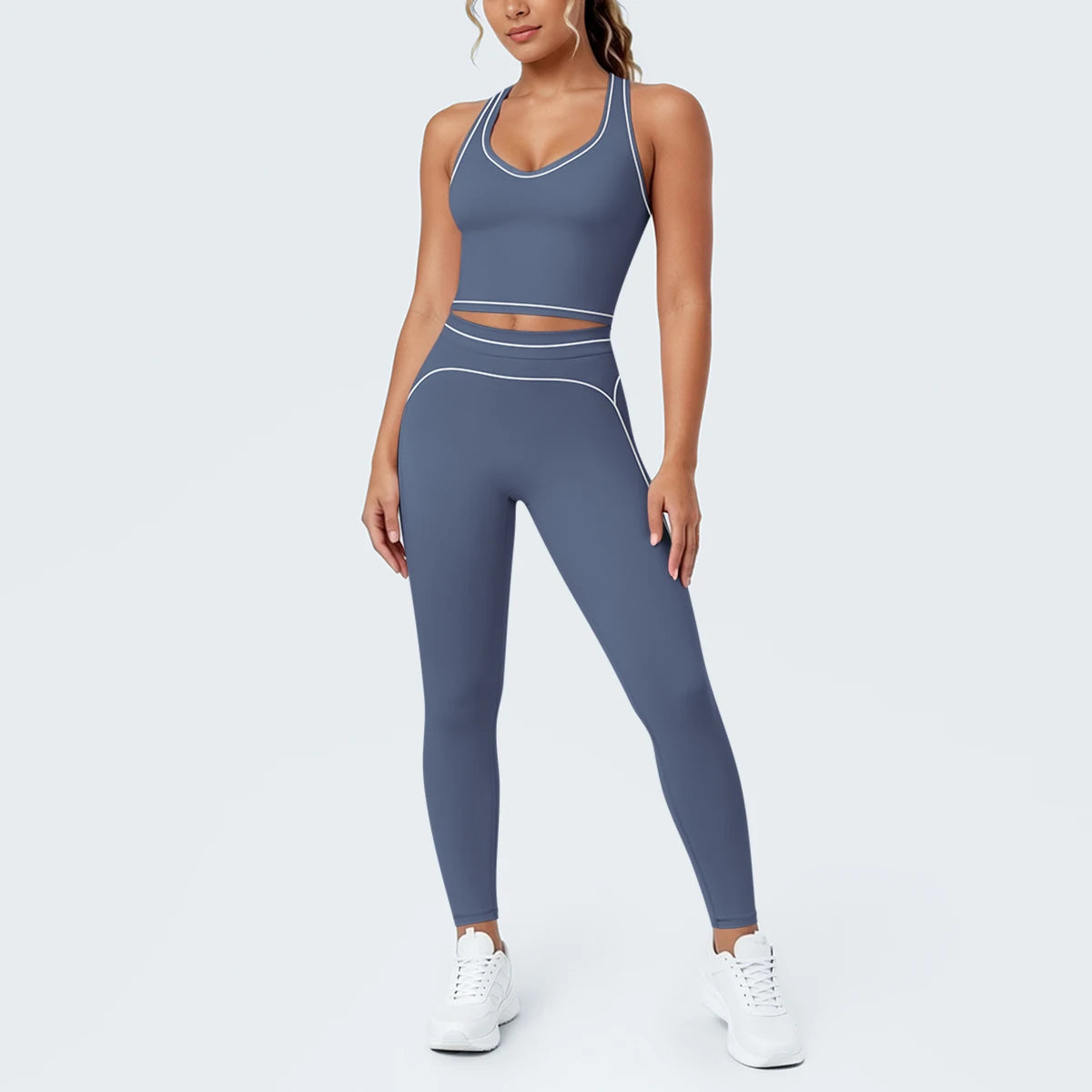 Yoga-Set mit kurzem Sport-Top und Leggings, blau-grau, seitliche Paspeln, eng anliegend