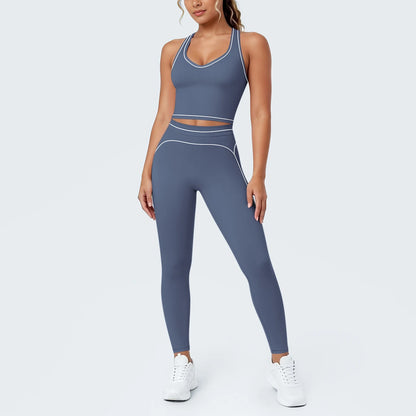 Yoga-Set mit kurzem Sport-Top und Leggings, blau-grau, seitliche Paspeln, eng anliegend