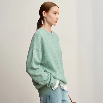 AMII minimalistischer Strickpullover für Damen, mintgrün, seitliche Ansicht, breiter Ärmelbund