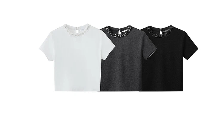Damen Kurz-T-Shirt im minimalistischen Stil mit elastischen Perlen und Pailletten-Dekoration