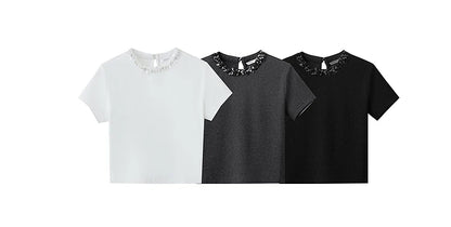Damen Kurz-T-Shirt im minimalistischen Stil mit elastischen Perlen und Pailletten-Dekoration