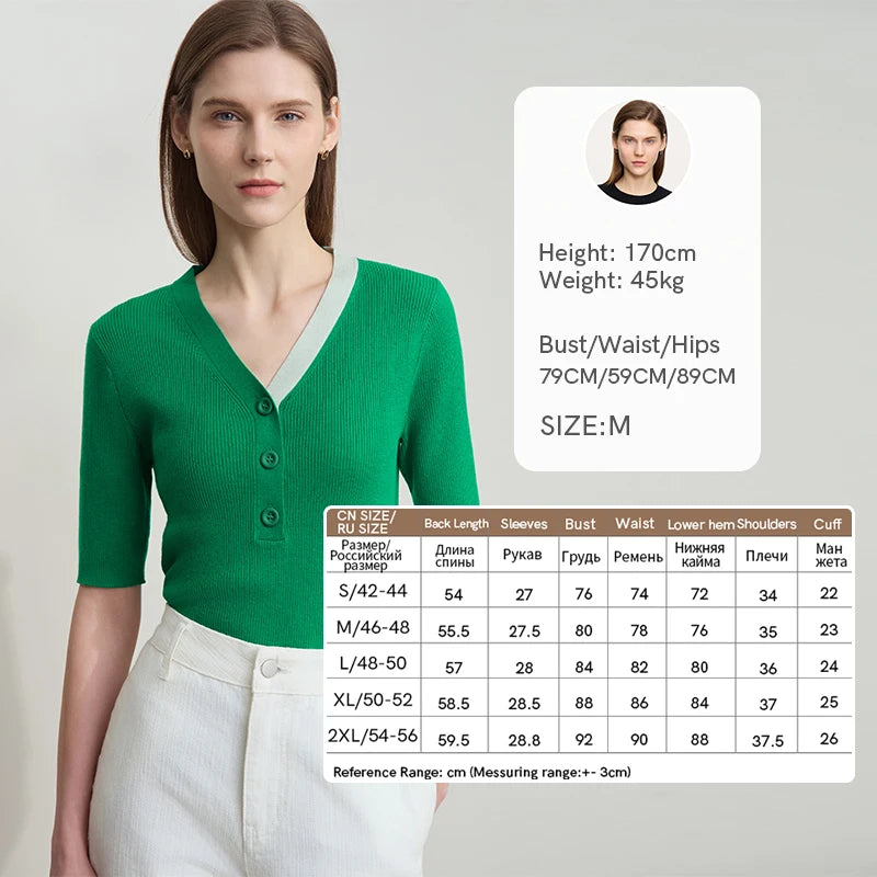 AMII Damen-Strickpullover, grüner V-Ausschnitt mit Knopfleiste, halbe Ärmel
