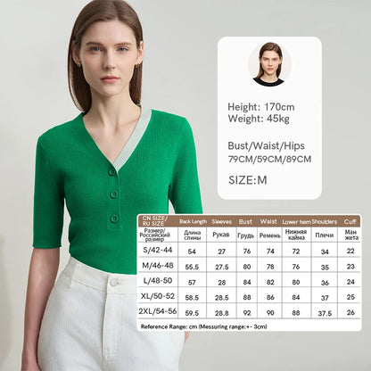 AMII Damen-Strickpullover, grüner V-Ausschnitt mit Knopfleiste, halbe Ärmel