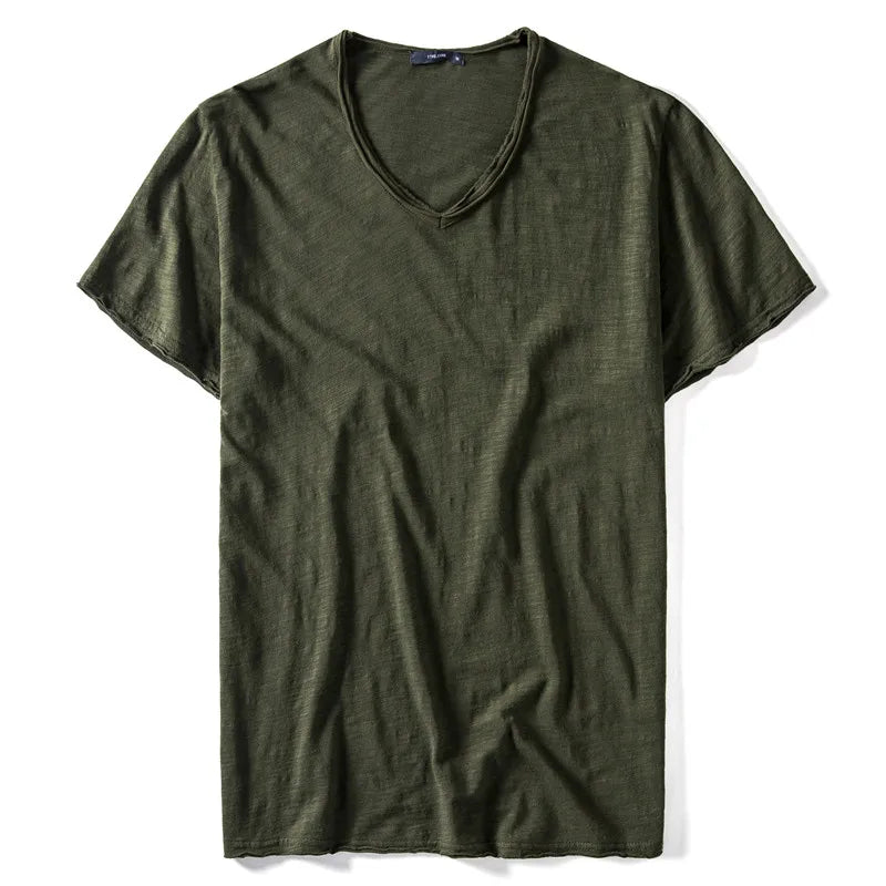 Herren-T-Shirt aus Baumwolle mit V-Ausschnitt, dunkelgrün