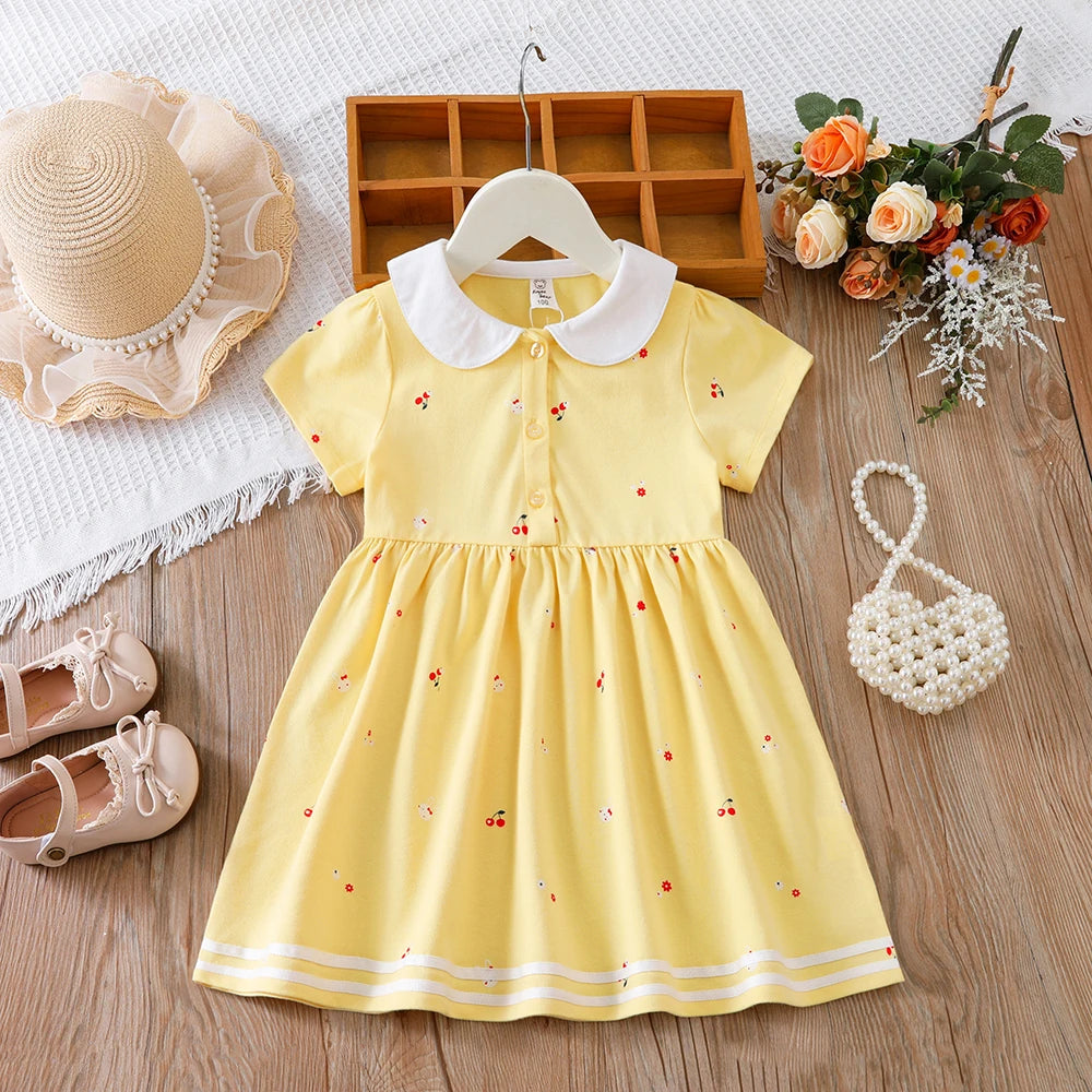 Baby Mädchen Sommerkleid Kurzarm Umlegekragen Baumwollkleidung für Mädchen im Alter von 2–6 Jahren Kinderkleider