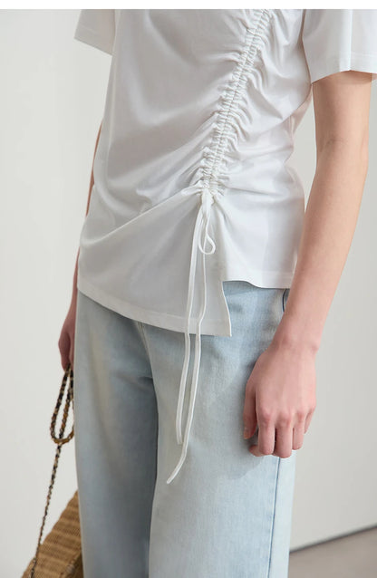 Damen Sommer T-Shirt mit Rundhals und Kordelzug in lässiger Form