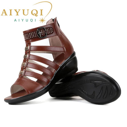 AIYUQI frauen sandalen 2025, sommer neue frauen echtes leder sandalen große größe 41 42 43 strass Römischen sandalen damen mutter