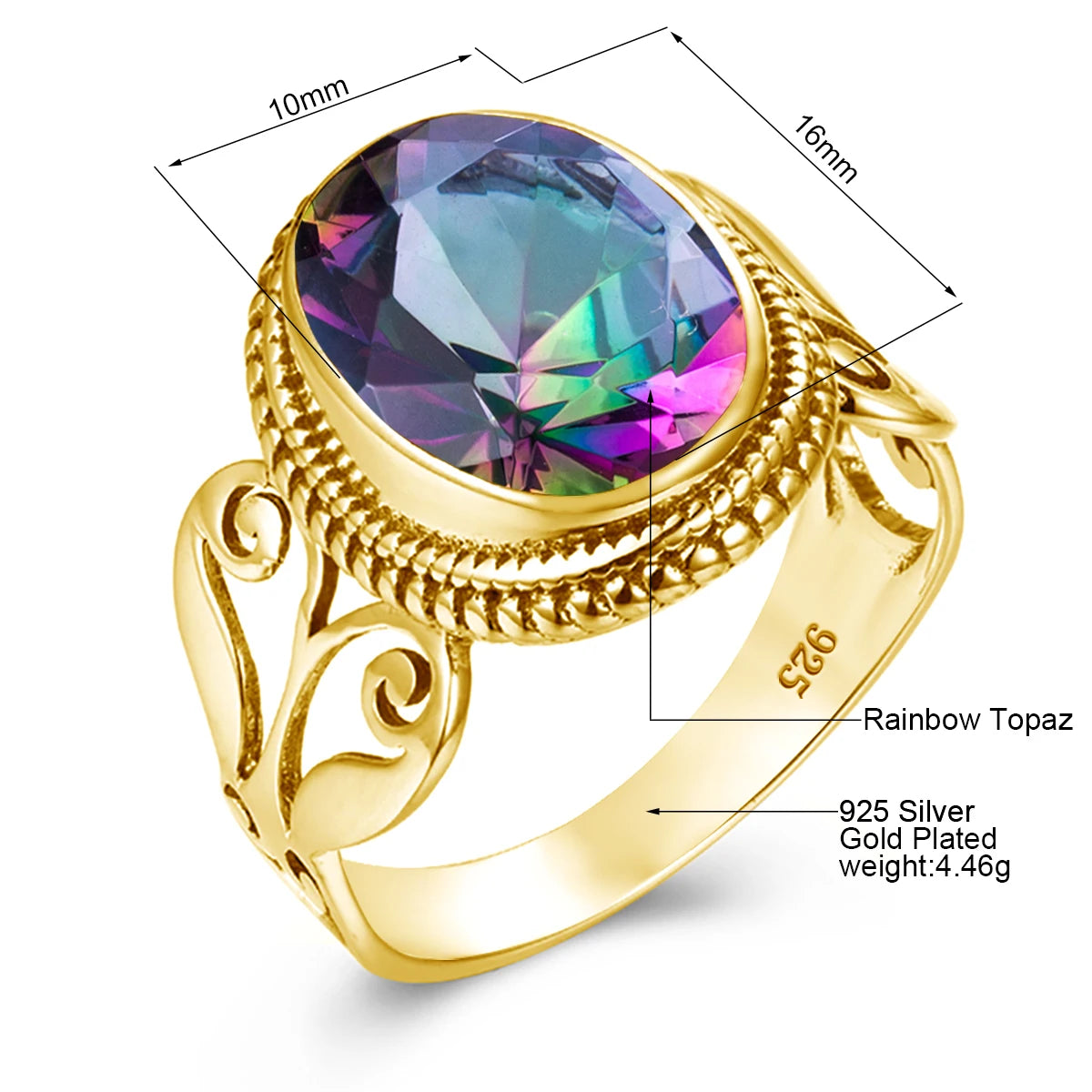 Damen-Ring Aus Sterling Silber Mit Ovaler Rainbow Fire Mystic Topaz Stein 10x16mm Goldtone Schmuck