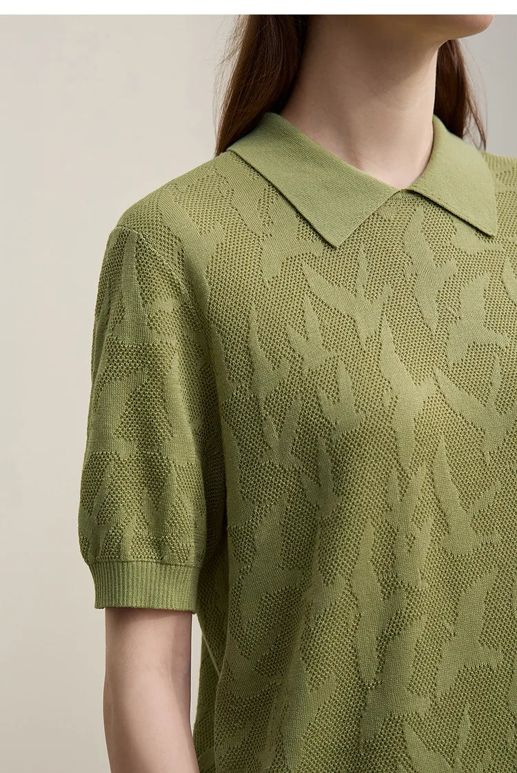 Damen-Strickpullover mit Reverskragen, gemustert im Jacquard, grasgrün, kurzärmelig