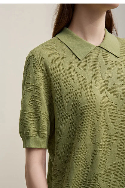 Damen-Strickpullover mit Reverskragen, gemustert im Jacquard, grasgrün, kurzärmelig