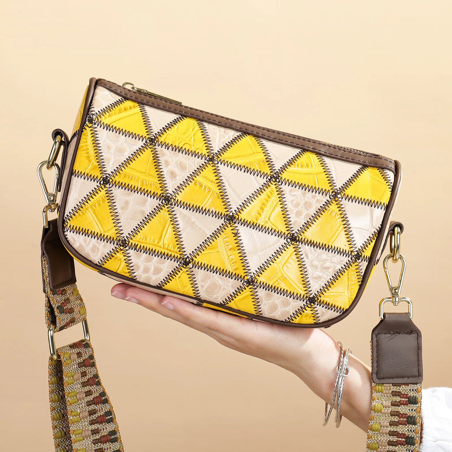 Damen-Schultertasche Patchwork-Leder Boho-Stil