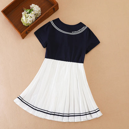 Kinder-Sommerkleid, Marineblau und Weiß, Mädchenkleid im Matrosenstil, kurzärmeliges, plissiertes Kleid mit Kragen und Schleife, Kinder-Schulkleidung