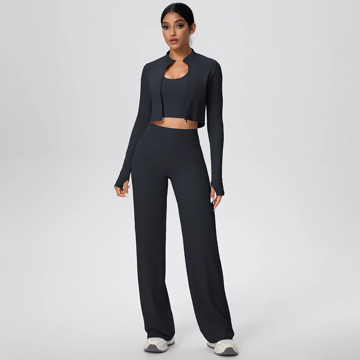 Yoga-Set Damen: Crop-Top mit langen Ärmeln & High-Waist-Leggings, schwarz