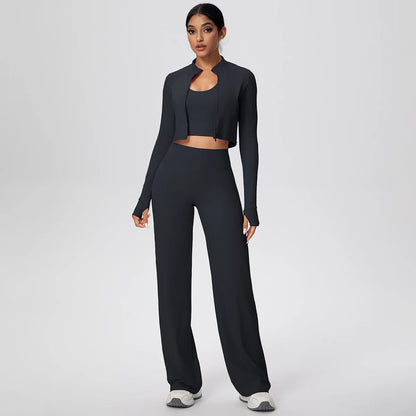 Yoga-Set Damen: Crop-Top mit langen Ärmeln & High-Waist-Leggings, schwarz